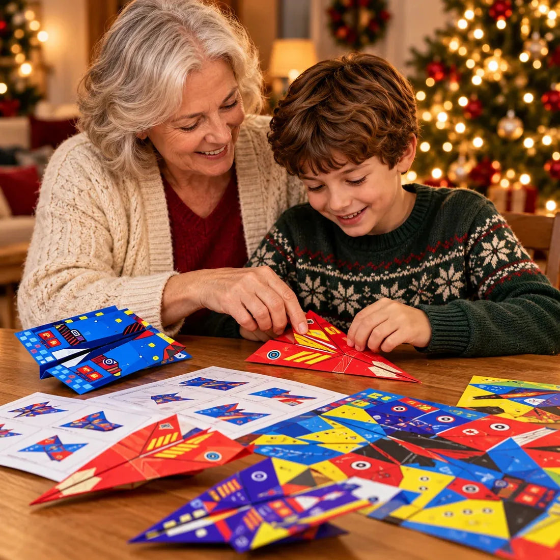 Grandparent and child sharing a paper airplane making activity