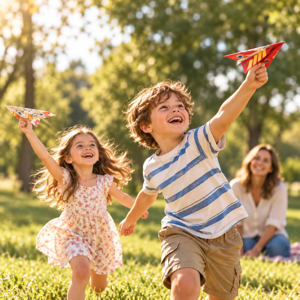 Children playing with colorful paper aircraft