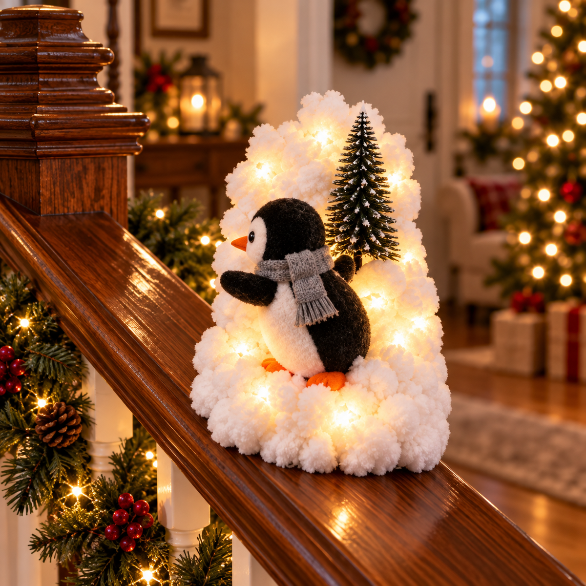 Playful Penguin Christmas Stair Railing Decor