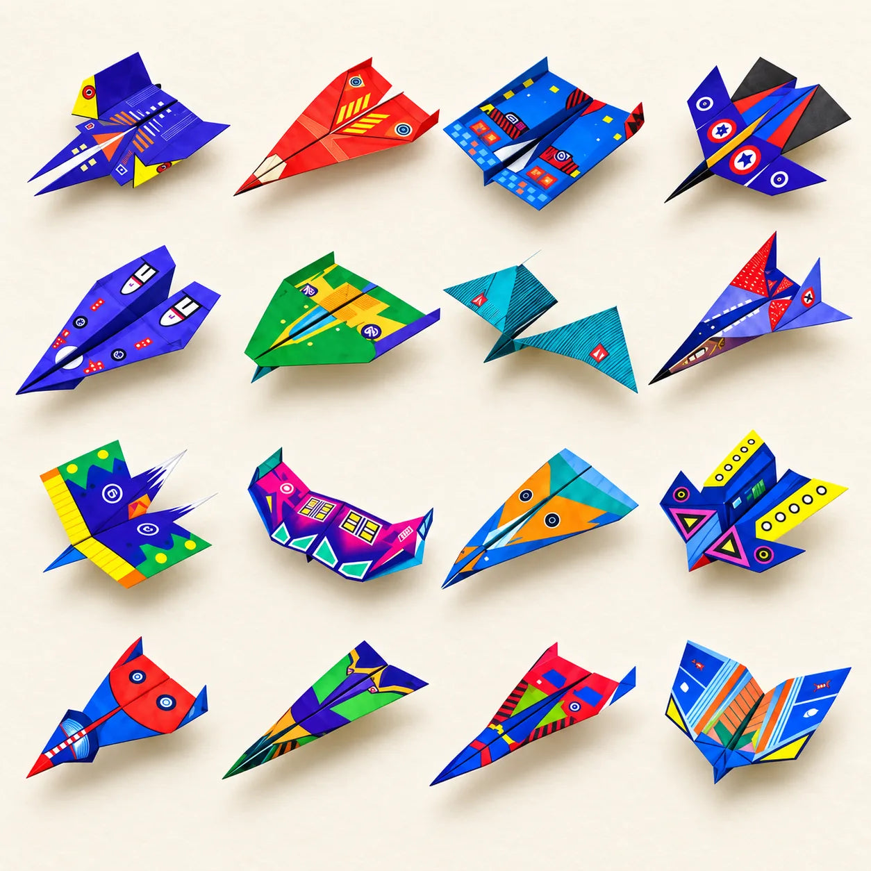 Collection of the kit’s colorful paper aircraft designs