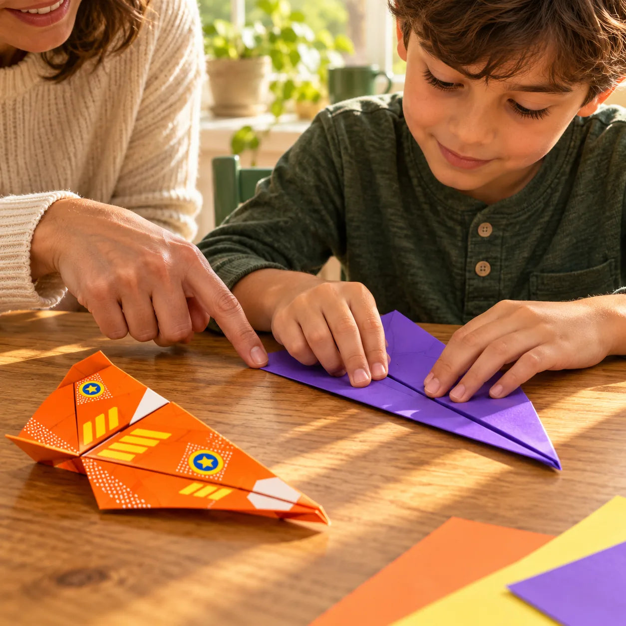 Illustrative close-up of a child practicing a paper fold with adult guidance