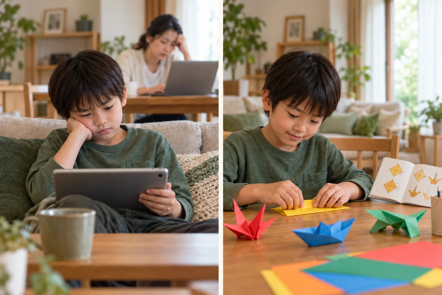 AI illustration of the same fictional Japanese child: frustrated with a tablet on the left, independently absorbed in paper folding on the right